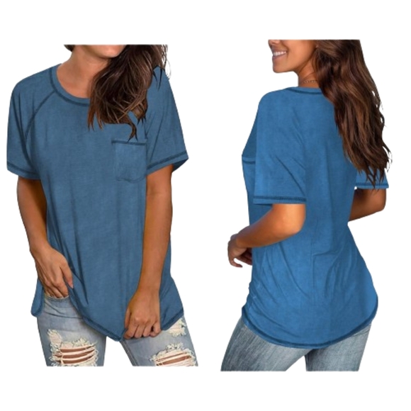 Tops - Blue Casual Pocket Tee Raglan Short Sleeves Solid